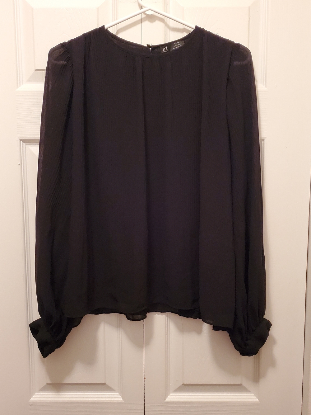 Feminine Flowy Zara Black Sheer Long Sleeve Blouse With Pleated Detail Size L